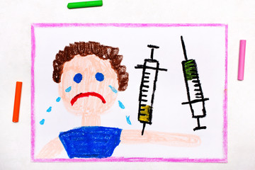 Colorful drawing: Child vaccination. Crying boy and syringe. Protective vaccination