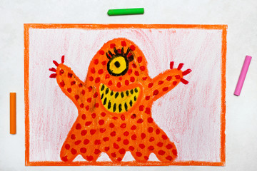 Colorful drawing: Cute orange monster with one eye © czarny_bez