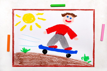 Colorful drawing: The boy rides skateboard ad skate park