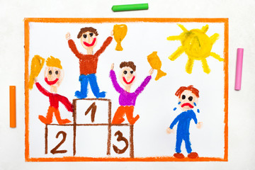 Colorful drawing: happy children standing on the winner podium and one boy crying because he lost