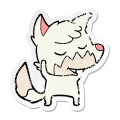 distressed sticker of a friendly cartoon fox
