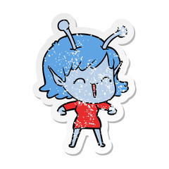 distressed sticker of a cartoon alien girl laughing