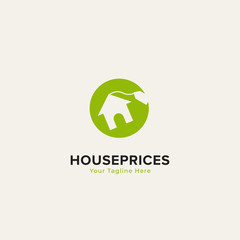 Property home house prices logo with house icon and label tag price inside green dollar round circle