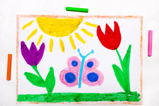 Colorful hand drawing: spring meadow with beautiful flowers and butterflies