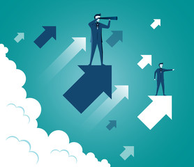 Businessmen standing holding binoculars standing on arrow up to the sky while above a cloud. go to success goal. searching for opportunities. business concept . startup. illustration cartoon vector