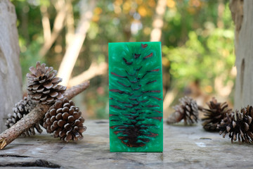 Casting epoxy resin Stabilizing pine cone abstract art blurred background