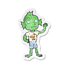 retro distressed sticker of a cartoon waving fish boy