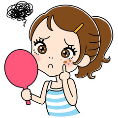 鏡でしみをチェックする女性のイラスト