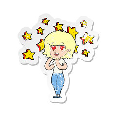 retro distressed sticker of a cartoon woman in love