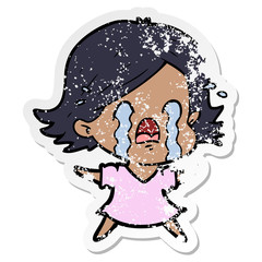 distressed sticker of a cartoon woman crying