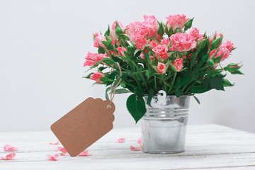 Bunch of roses in tin bucket, petals and paper tag for message on white wooden table. Women day concept. Spring, 8 march, wish, copy space, craft