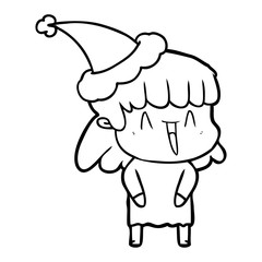 line drawing of a woman wearing santa hat