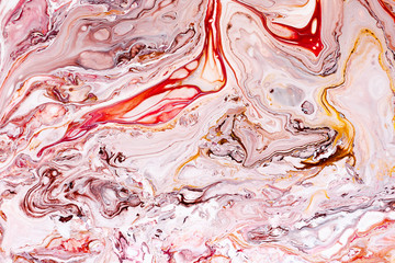 Hand painted backgrounds. Pink, white, brown and yellow mixed acrylic paints. Liquid marble texture. Applicable for printable, design packaging, cards, placard, covers, textile and decor interior