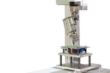 automation robotic system point soldering or welding for assembly print electric circuit board (PCB)  isolated on white background with clipping path