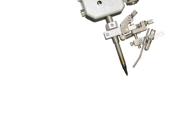 close up soldering tip of automation robotic system point soldering or welding for assembly print electric circuit board (PCB)  isolated on white background with clipping path.