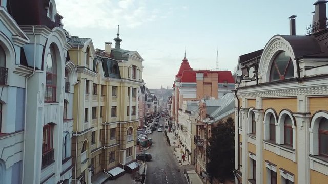 Kyiv old town. Aerial shots of streets and architecture at Podil district