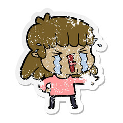 distressed sticker of a cartoon woman in tears