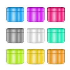 Realistic skin care product jars set isolated on white.  Moisturizer or lotions for skin radiance packages. Colorful containers for teenager's cosmetic market. Design templates with copy space.