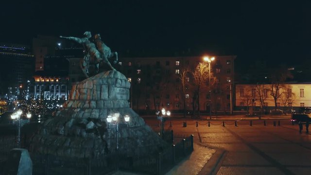Bohdan Khmelnytsky monument at dusk time at Sofiivskiy square in the center of Kyiv, Ukraine. Famoust and important legendary historic person and hetman