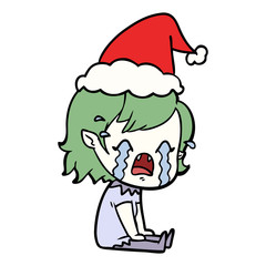 line drawing of a crying vampire girl wearing santa hat