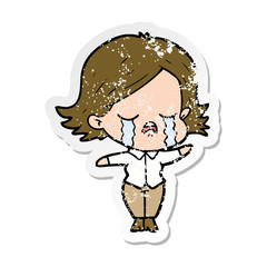 distressed sticker of a cartoon girl crying