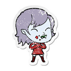 distressed sticker of a cartoon vampire girl with blood on cheek