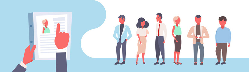 hr manager hand hold cv resume over group of business people office workers choose candidate for vacancy job position recruitment concept horizontal banner flat