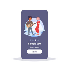 mix race singers man woman with microphone singing song playing guitar music band concept male female cartoon characters full length flat vertical copy space