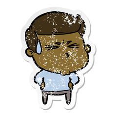 distressed sticker of a cartoon frustrated man