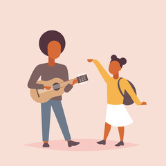 man musician singing and playing guitar woman dancing african american couple having fun together musical relax concept male female cartoon characters full length flat