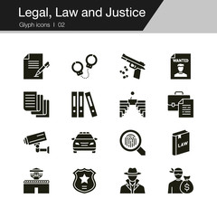 Legal, Law and Justice icons. Glyph design. For presentation, graphic design, mobile application, web design, infographics, UI.