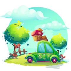 Vector background Pin-up style with cartoon green car