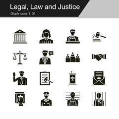 Legal, Law and Justice icons. Glyph design. For presentation, graphic design, mobile application, web design, infographics, UI.