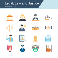 Legal, Law and Justice icons. Flat design. For presentation, graphic design, mobile application, web design, infographics, UI.