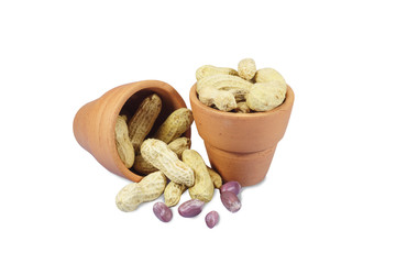 Peanuts in red clay pot isolated on white background with clipping path.