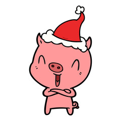 happy line drawing of a pig wearing santa hat