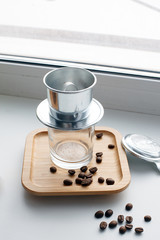 Process of making of of vietnamese coffee metode. Good Morning routine, minimal concept