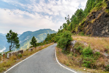 Fototapeta na wymiar Himalaya mountain highway road with scenic landscape at Munsiyari Uttarakhand India.