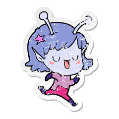 distressed sticker of a happy alien girl cartoon