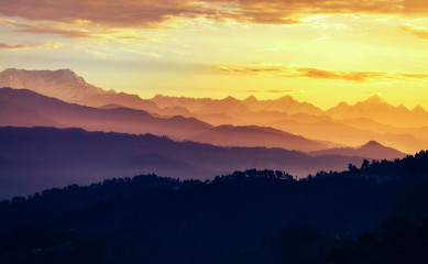 Himalaya mountain range at sunrise as seen from Kausani Uttarakhand India