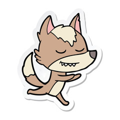 sticker of a friendly cartoon wolf running