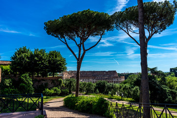 Facade of the Great Roman Colosseum (Coliseum, Colosseo), also known as the Flavian Amphitheatre. Famous world landmark. Scenic urban landscape.