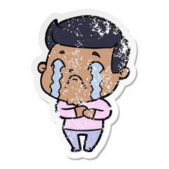 distressed sticker of a cartoon man crying