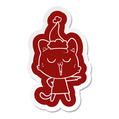 cartoon  sticker of a cat singing wearing santa hat