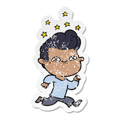 distressed sticker of a cartoon excited man