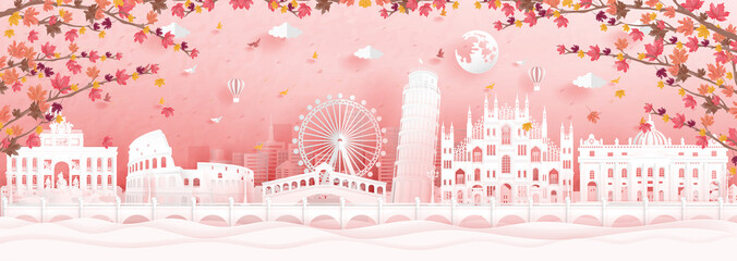 Autumn with falling maple leaves and world famous landmarks in paper cut style vector illustration © ChonnieArtwork 