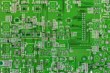 close up green electronic printed circuit board (pcb) for computer or equipment