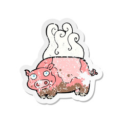 retro distressed sticker of a cartoon muddy pig