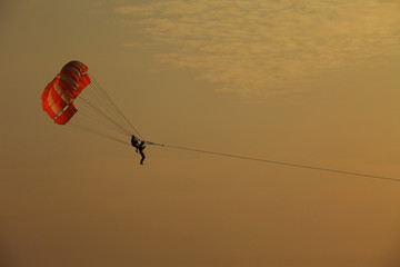 Silhouette of skydiver flies on background of sunset sky and sea 