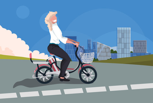 blonde woman cycling bicycle girl riding vintage style bike on road cityscape background horizontal flat
